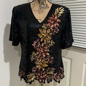 Vintage Stémay 100% silk black sequin short sleeve top size L/ XL